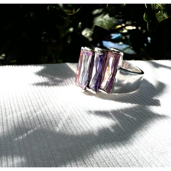 Stunning Sterling Silver 925 Ring With Pink & Purple Gradient Baguette Stones .5 - Picture 5 of 11
